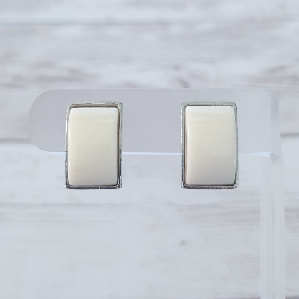 Vintage Clip On Earrings Retro Curved Cream in Silver Tone Halo Statement